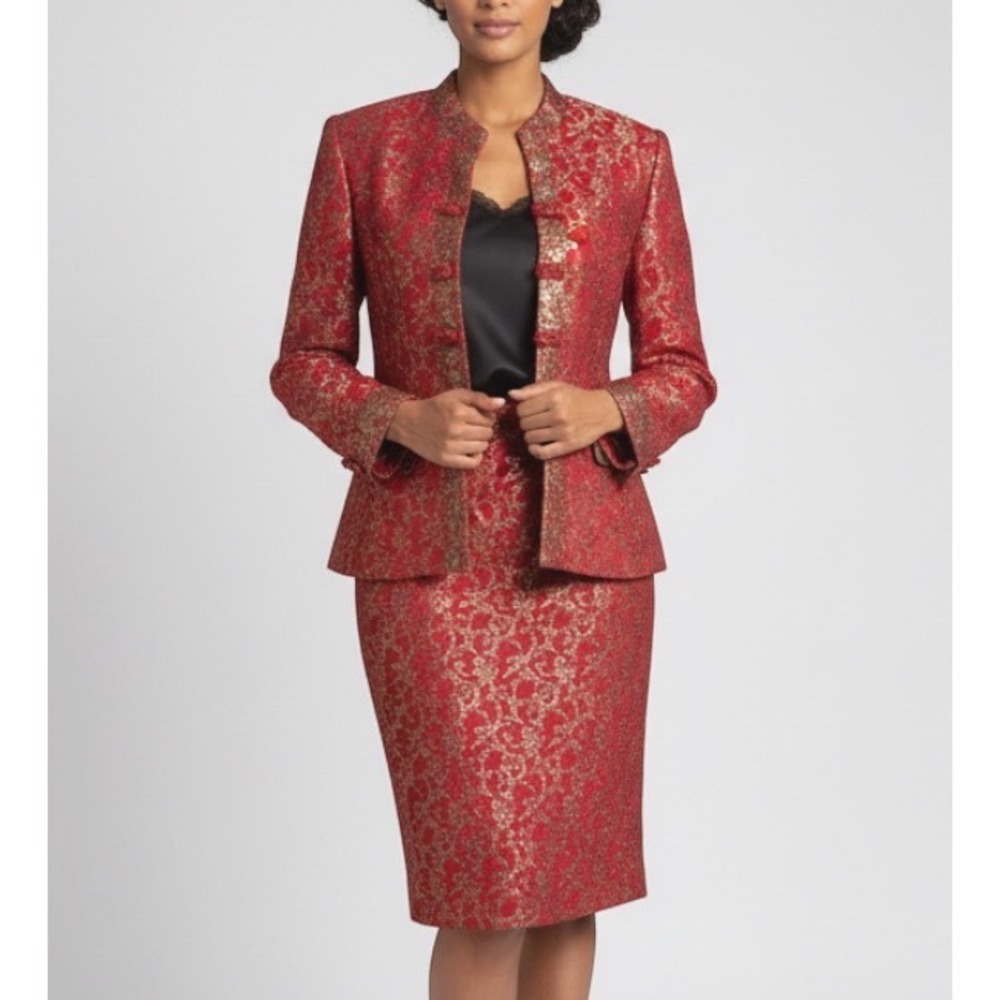 Vtg GEORGE SIMONTON Dark Red w/Gold METALLIC Suit Jacket/Skirt Outfit Set 10